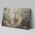 Framed canvas print of a realistic antelope in a misty forest setting with warm, earthy tones