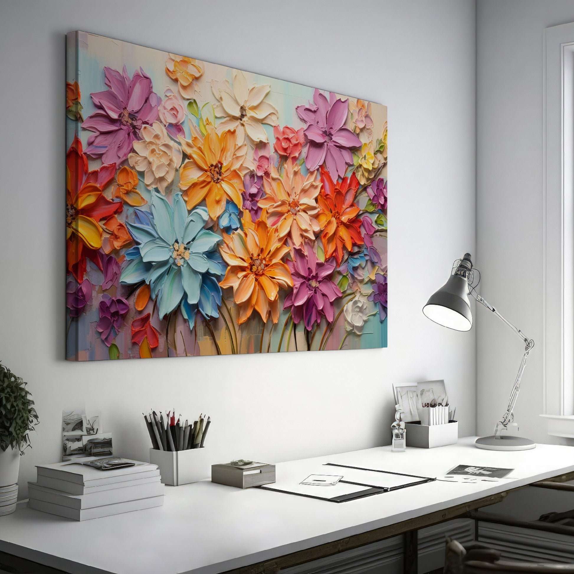 Framed canvas print of vibrant impasto flowers with 3D texture in bright colors