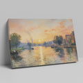 Framed canvas print of an Impressionist-style river scene with a sunset, reflective water and boats