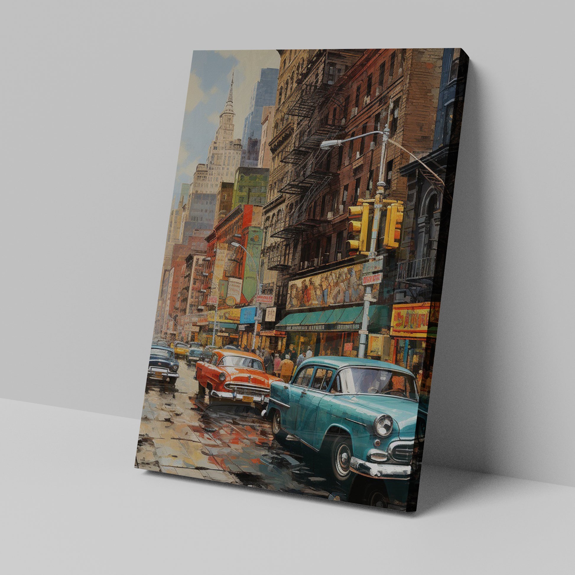 Framed canvas print of nostalgic New York street scene with vintage cars and historic buildings