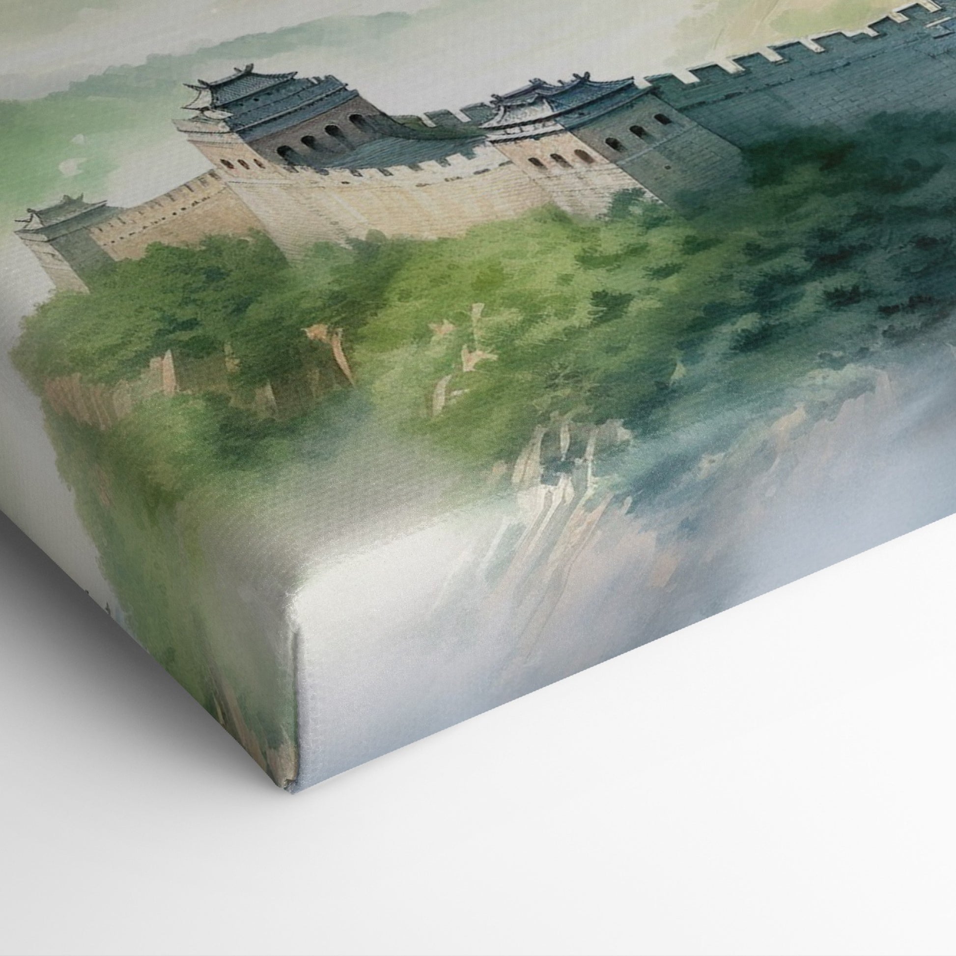 Framed canvas print of the Great Wall of China amidst a misty, mountainous landscape