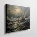 Framed canvas print of a classic maritime seascape with a sailing ship braving tumultuous ocean waves under a cloudy golden sky.