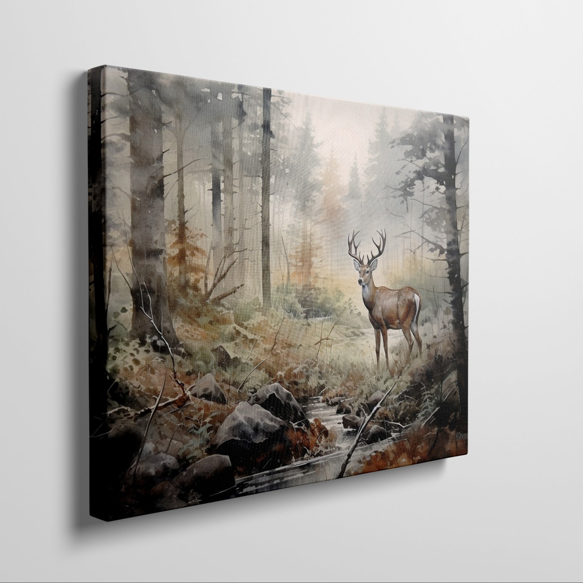 Framed canvas print of a majestic stag in a misty woodland with autumn colours