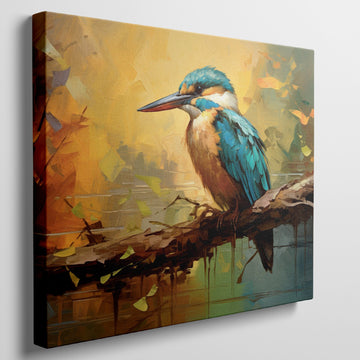 Framed canvas print of a vibrant, colourful impressionistic kingfisher perched on a branch