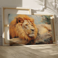 Framed canvas print of a realistic African lion resting, with warm colour tones and detailed texture