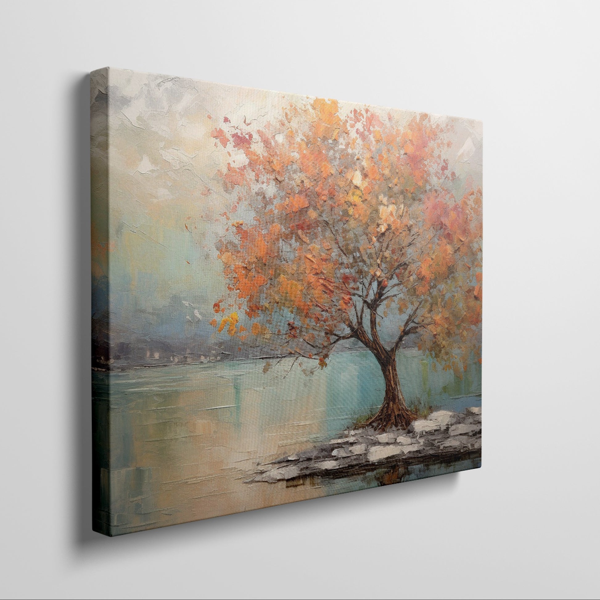 Framed canvas print of a textured autumnal tree with orange and gold foliage by a serene lake