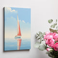 Framed canvas print of a red sailboat on serene blue waters with a clear sky