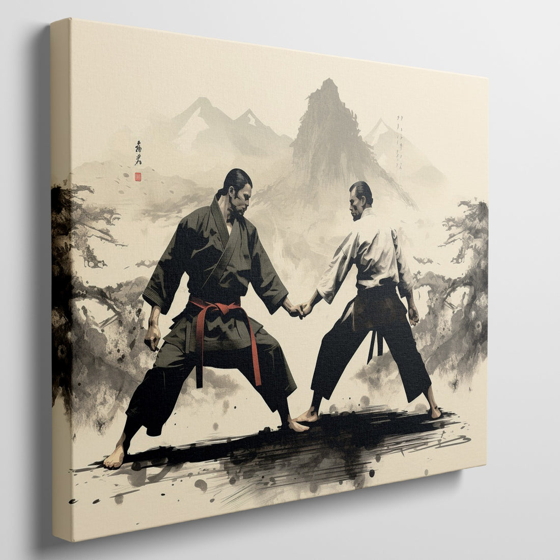 Framed canvas print of a stylised martial arts duel between two Samurai warriors in traditional attire, with Japanese cultural elements and a tranquil landscape