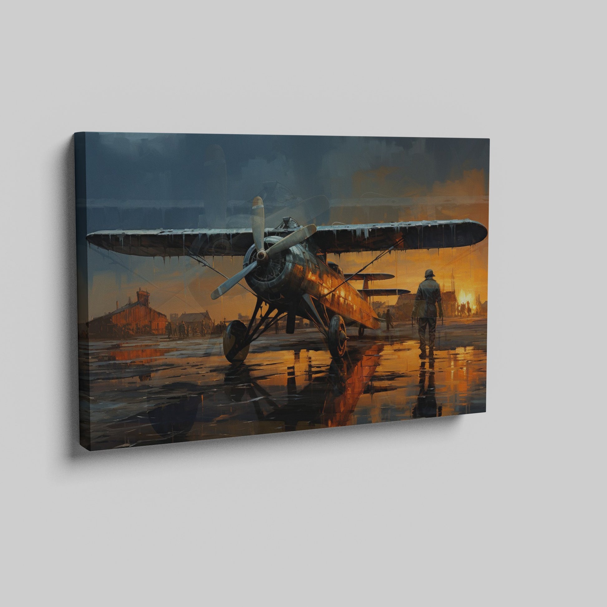 Framed canvas print of a vintage biplane at sunset with pilot walking and the aircraft's reflection on the wet ground