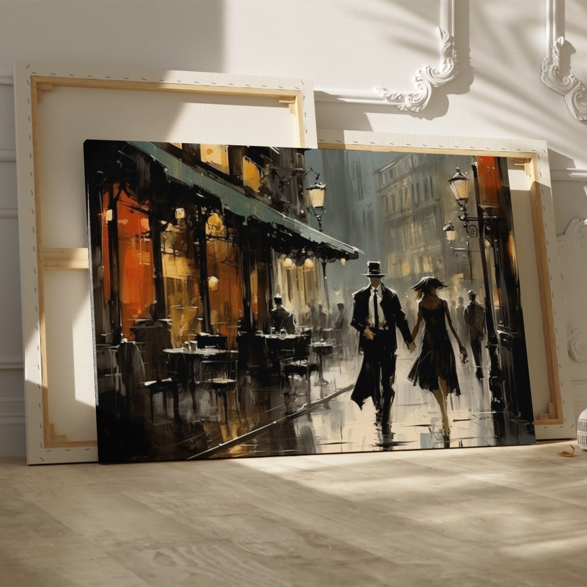 Framed canvas print of a romantic couple on a rainy evening stroll in a vintage style cityscape