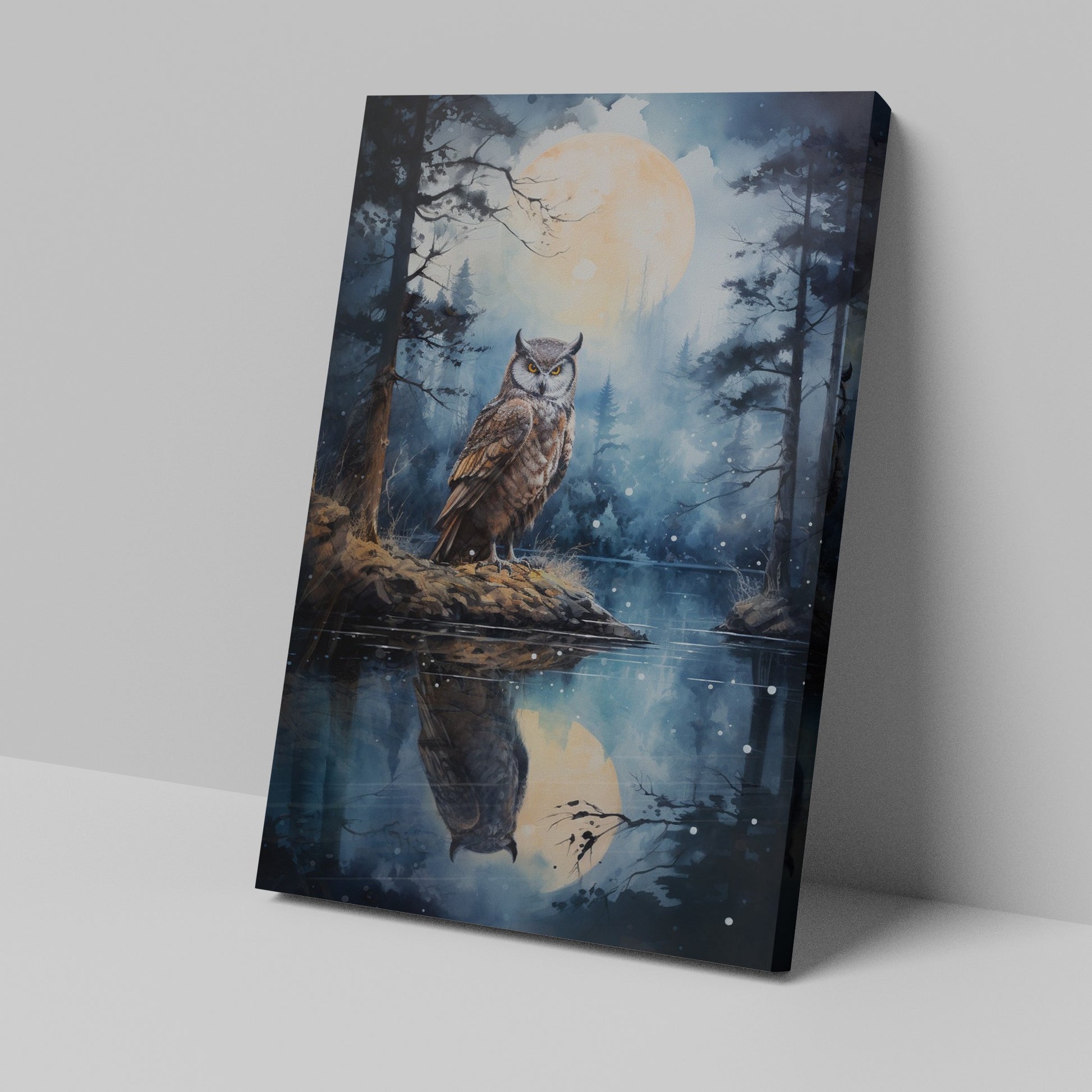 Framed canvas print of an owl perched beside a reflective lake under a full moon night sky