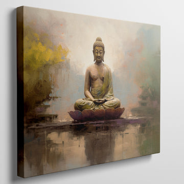 Framed canvas print of serene meditating Buddha in golden hues with reflective background