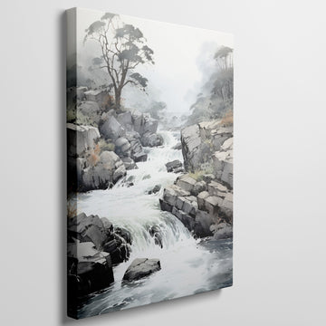 Framed canvas print of a misty river waterfall amid rugged rocks and a serene forest