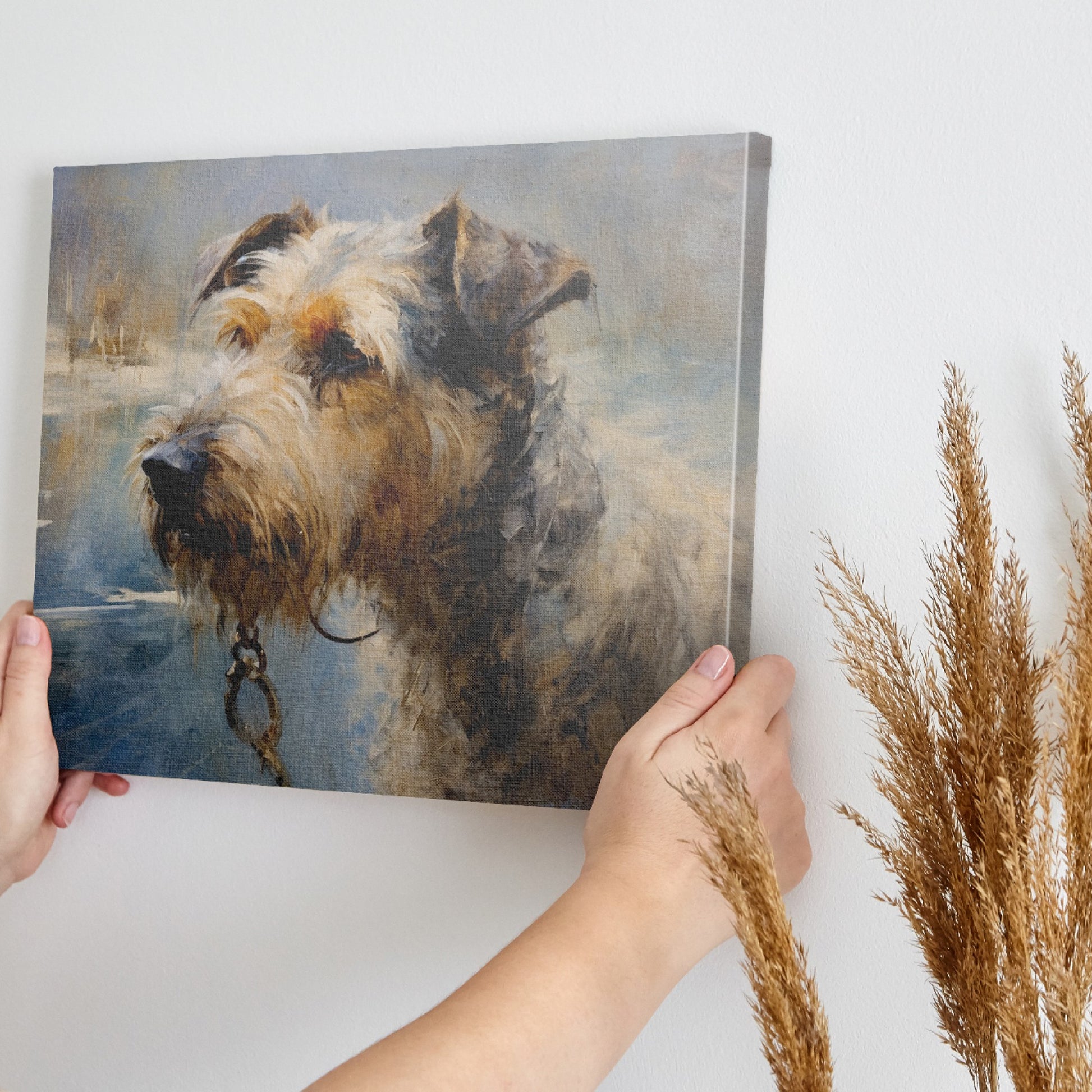 Framed canvas print of an impressionistic painting depicting a detailed and textured dog portrait with warm tones