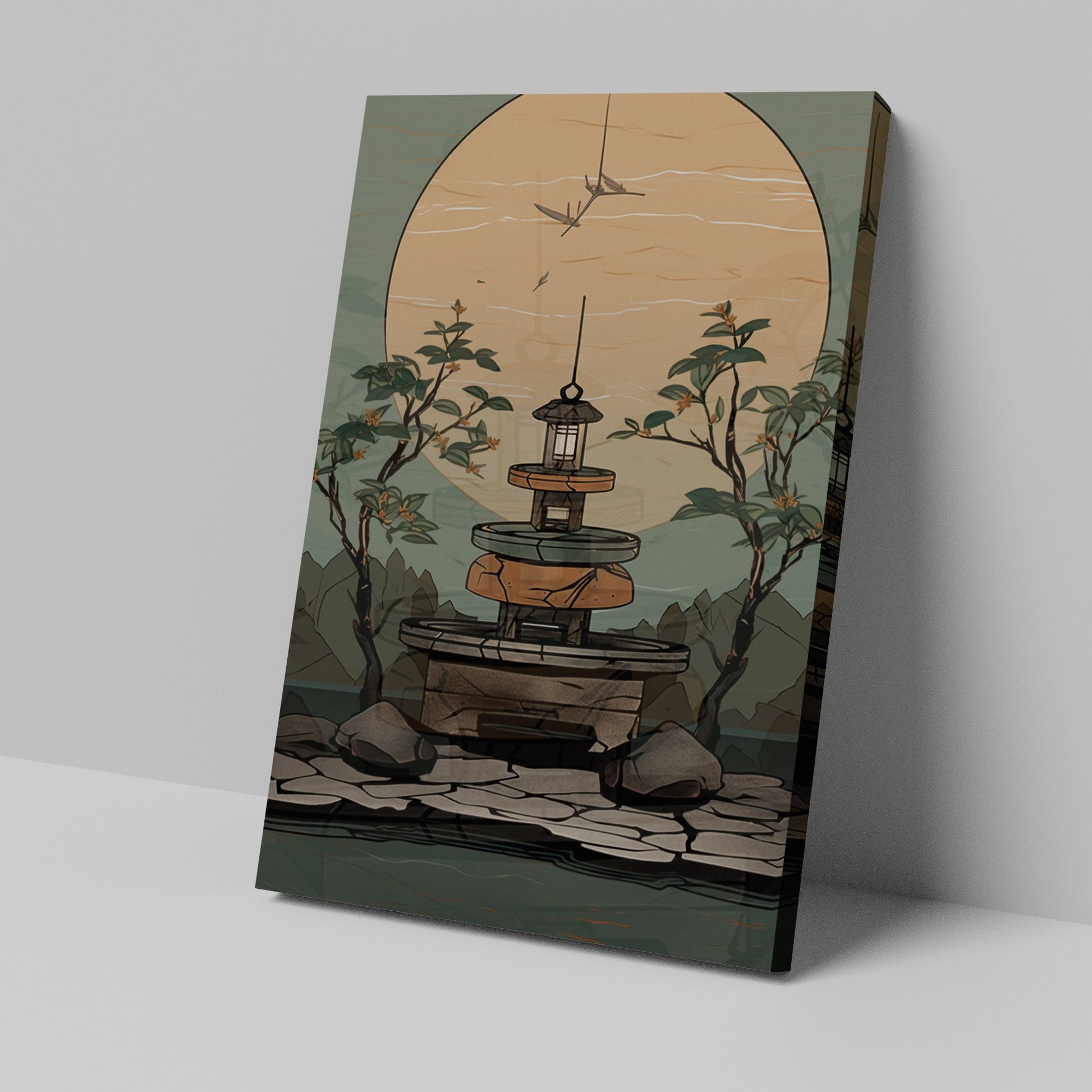 Artwork of a Zen garden at sunset with a stone lantern and flying birds against a large sun.