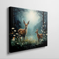 Framed canvas print of two fawns amidst a mystical forest with blooming daisies