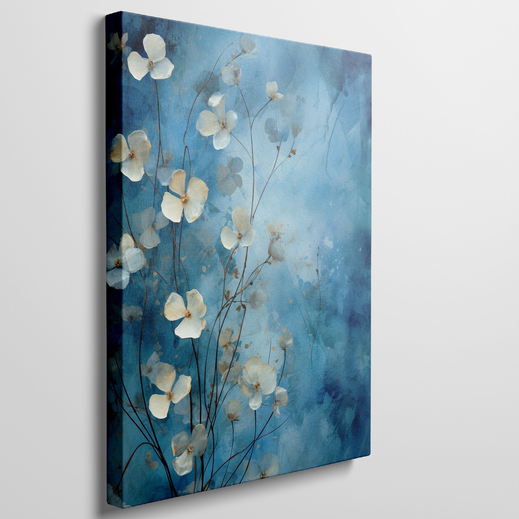 Framed canvas print of abstract blue flowers on a watercolour background