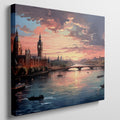 Framed canvas print of a scenic London skyline at sunset with vibrant hues and the River Thames