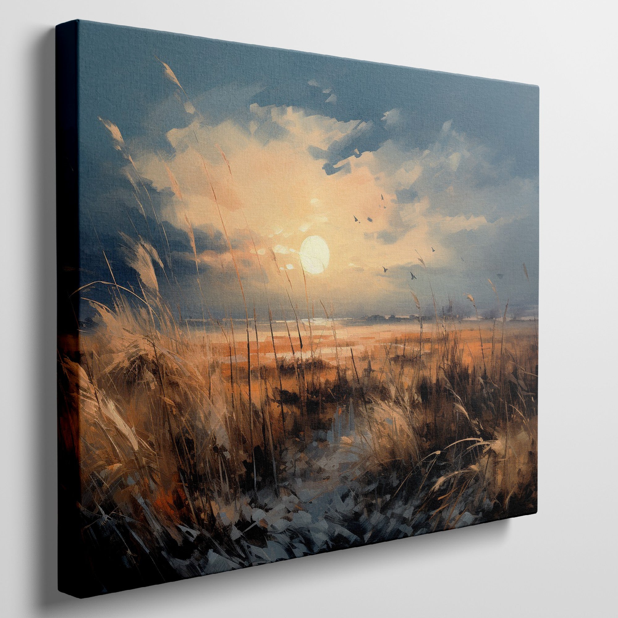 Framed canvas print of a rustic sunset with tall grasses and birds against a dramatic sky