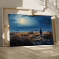 Framed canvas print of a digital painting featuring a cowboy silhouette against a vibrant sunset landscape