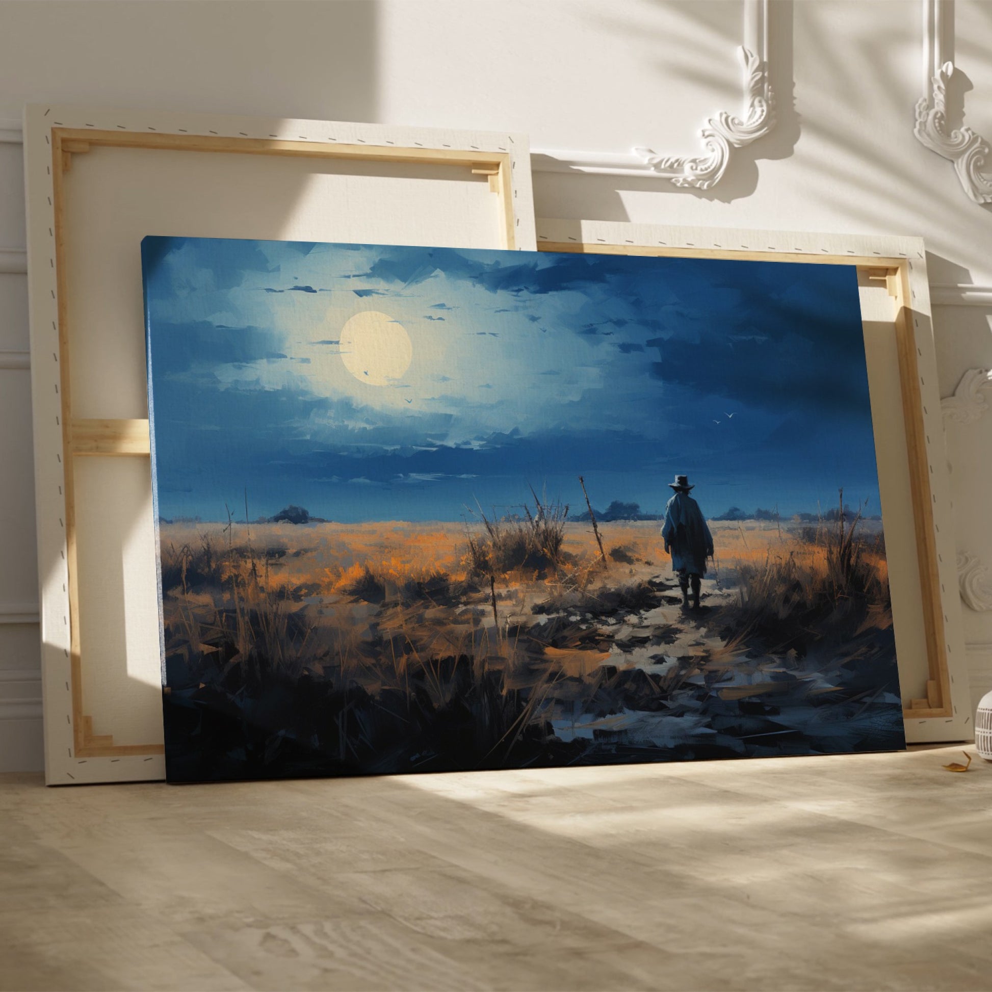 Framed canvas print of a digital painting featuring a cowboy silhouette against a vibrant sunset landscape