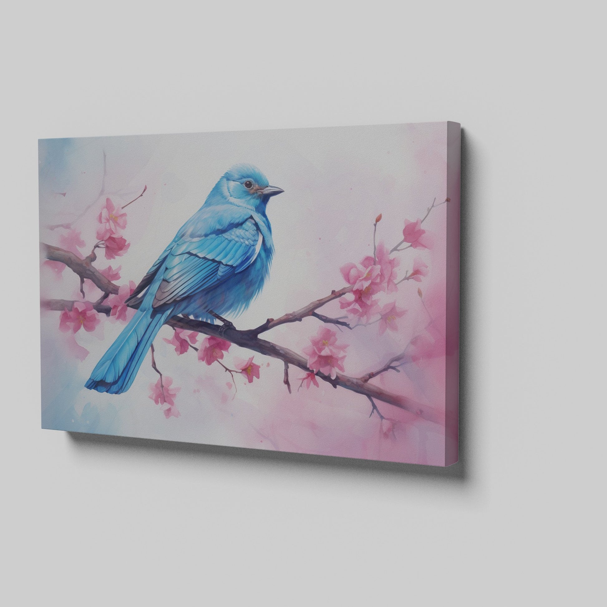 Framed canvas print of a bluebird and cherry blossoms in pastel watercolour