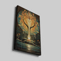 Stylized candle with a tree formation surrounded by autumn leaves against a dark background