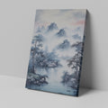 Framed canvas print of traditional Chinese landscape with misty mountains, pine trees, and lake