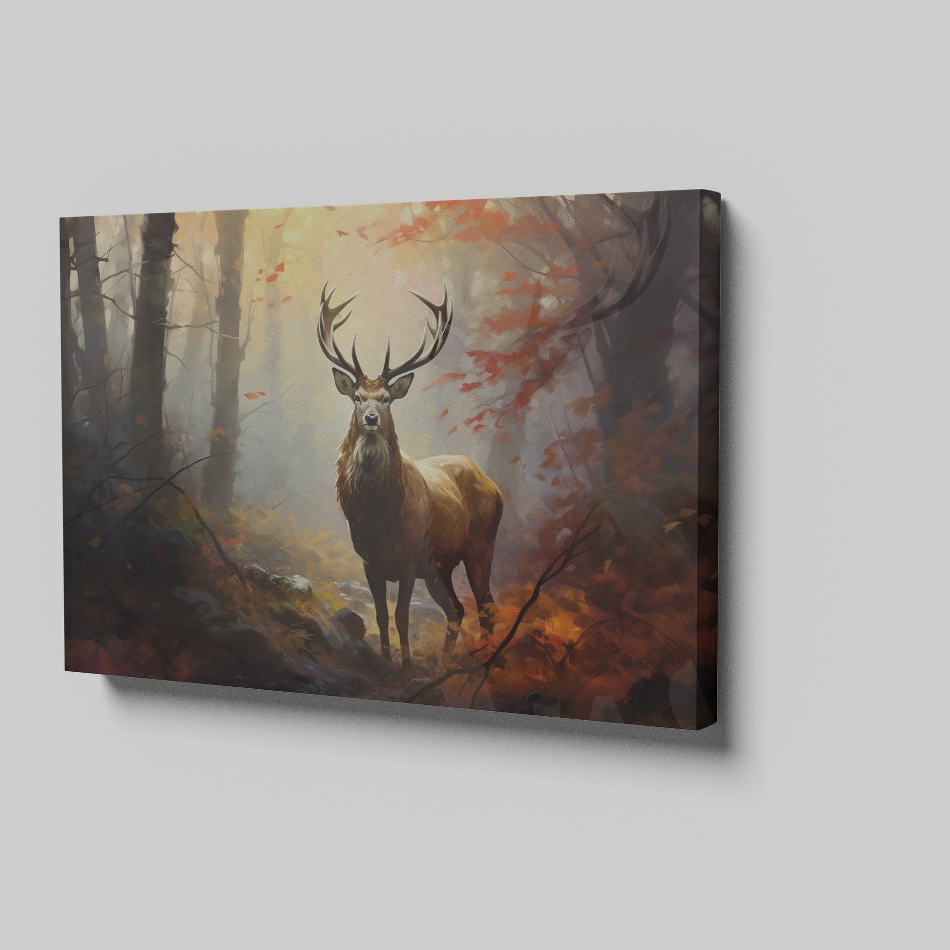 Framed canvas print of a majestic stag in an autumn forest with golden light filtering through the trees