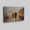 Framed canvas print of a couple's evening city walk with reflections and warm light tones