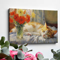 Framed canvas print of a ginger cat sleeping beside vibrant red tulips and yellow daffodils