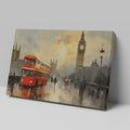 Framed canvas print of London with rain-swept Westminster, Big Ben, and a vintage red bus