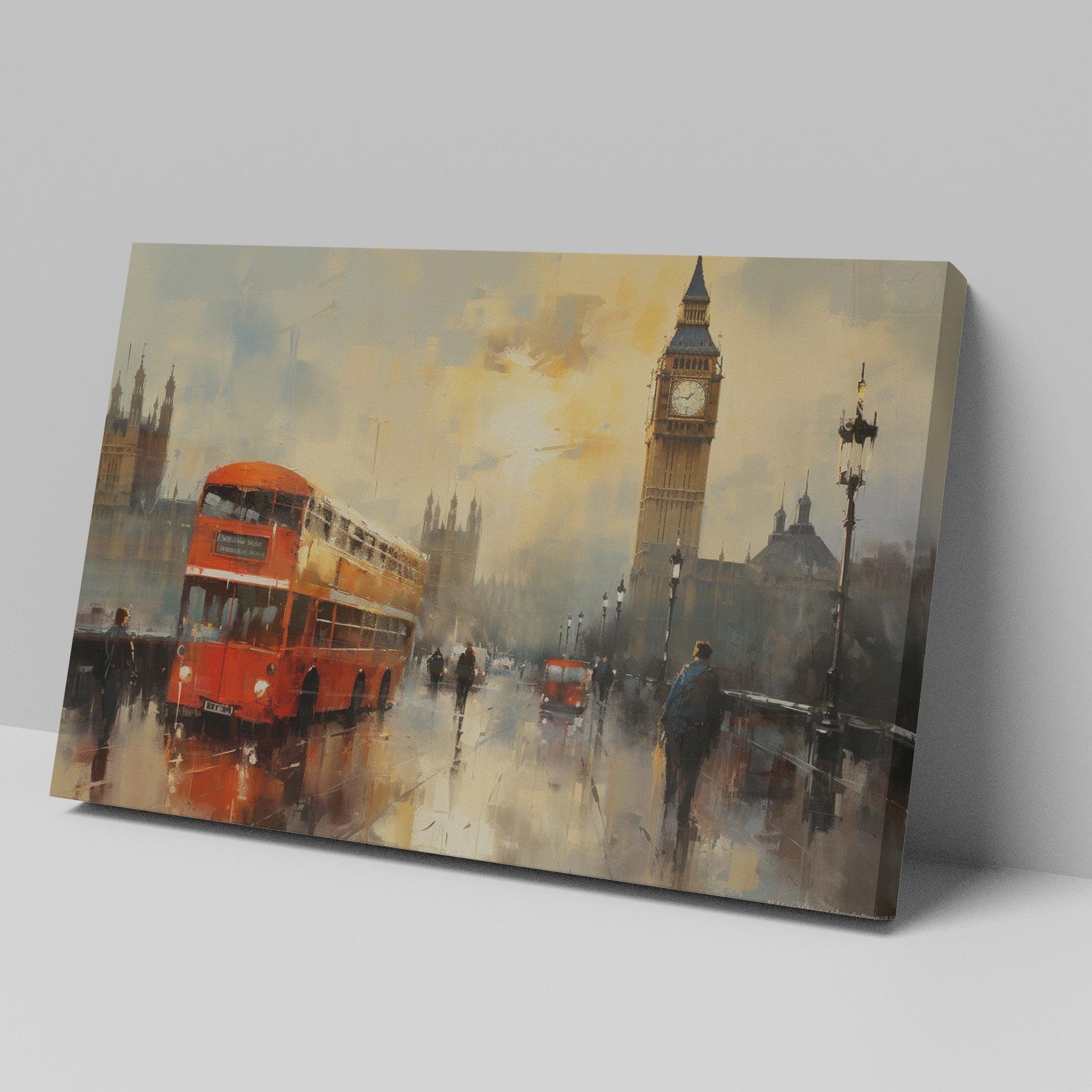 Framed canvas print of London with rain-swept Westminster, Big Ben, and a vintage red bus