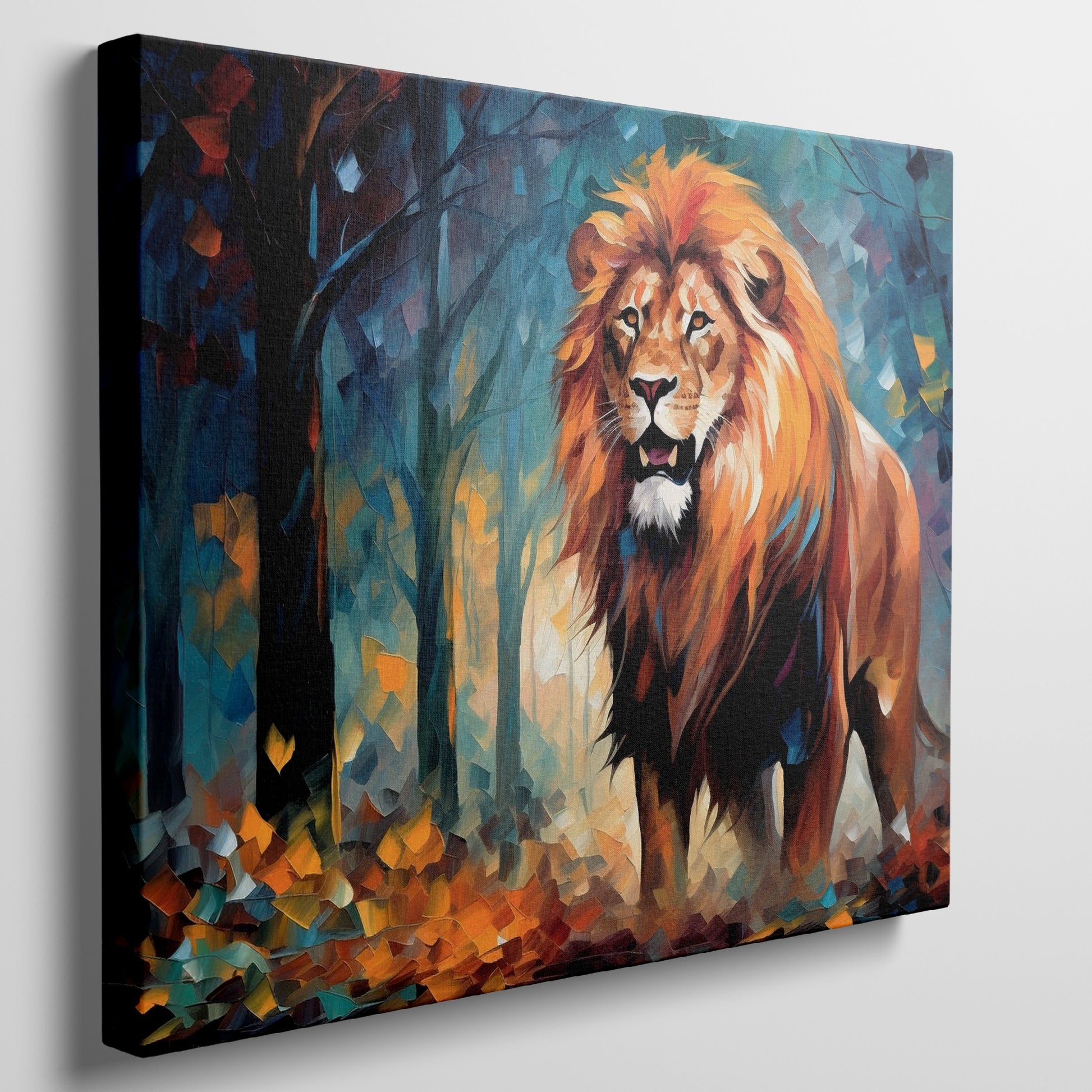 Framed canvas print of an abstract geometric lion in a vibrant autumn forest