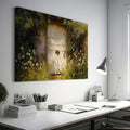 Framed canvas print of a rustic wooden door surrounded by an overgrown floral garden