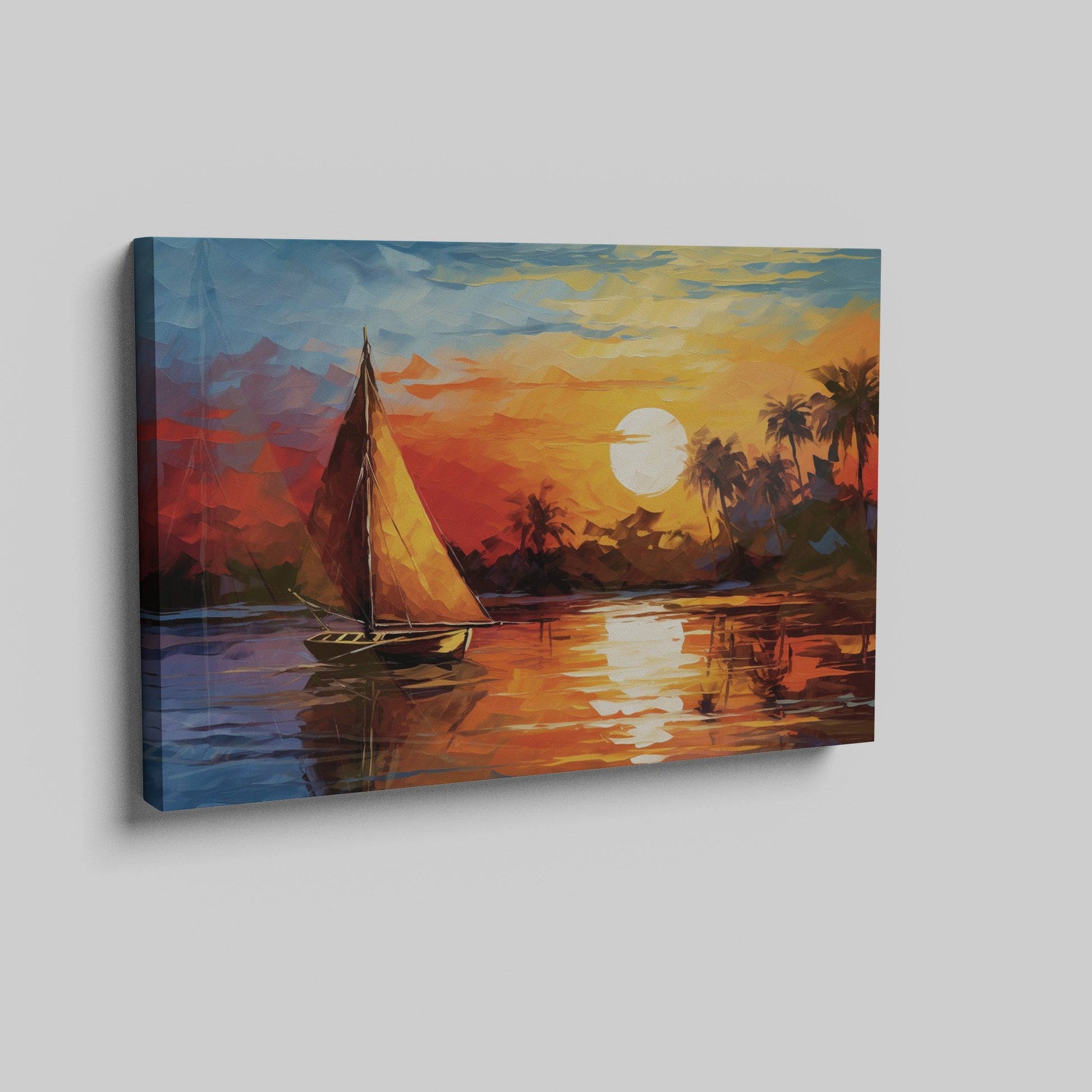 Framed canvas print of an Impressionist sailboat sailing at sunset with vibrant orange and blue colors