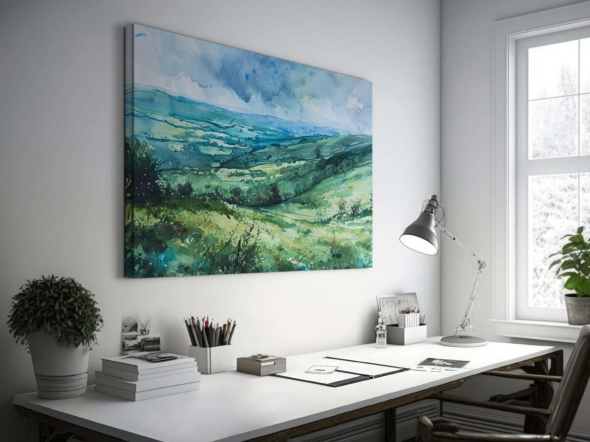 Framed canvas print of a watercolour countryside landscape with green rolling hills and vibrant skies