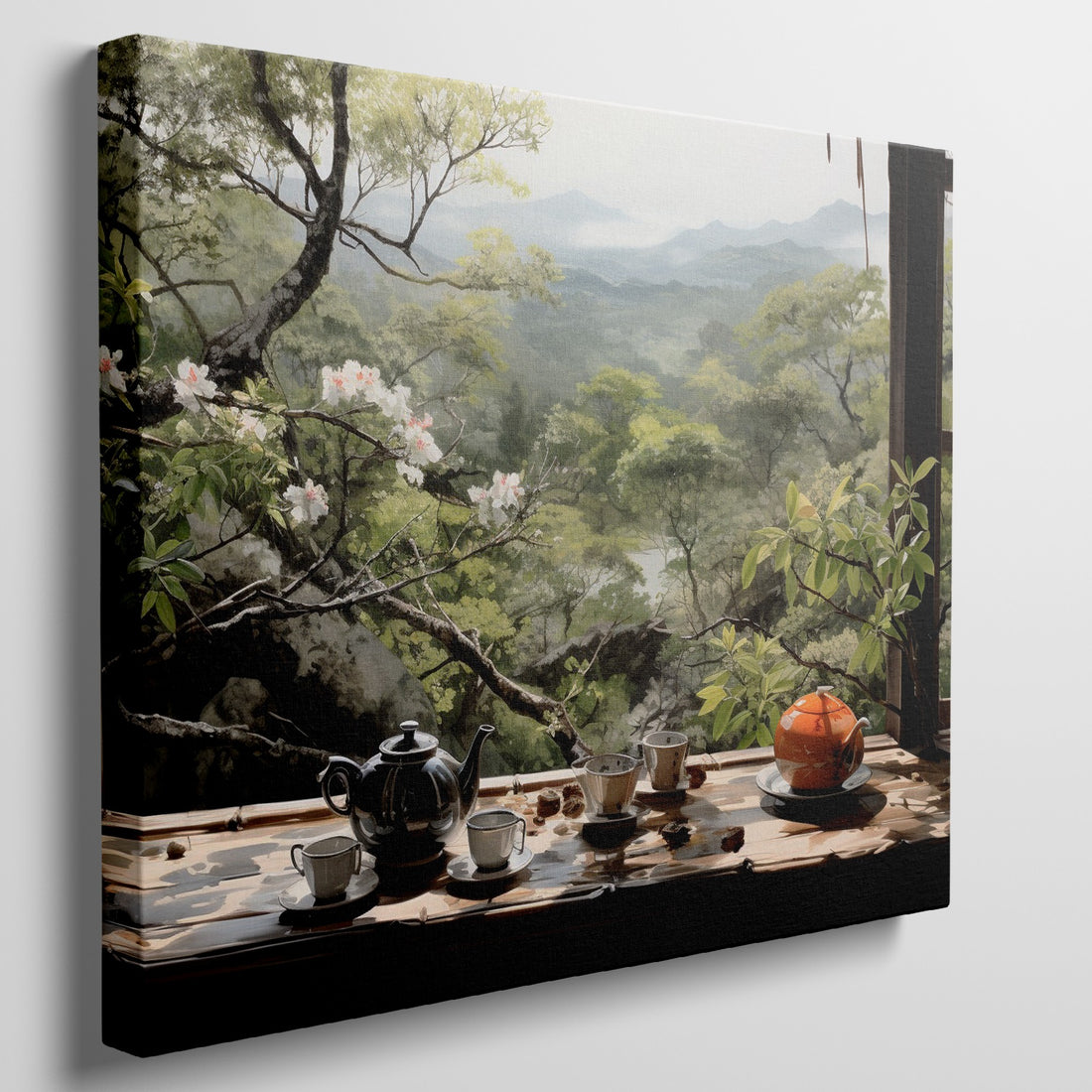 Framed canvas print of a serene Japanese tea garden view with cherry blossoms and mountains