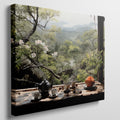 Framed canvas print of a serene Japanese tea garden view with cherry blossoms and mountains