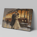 Framed canvas print of a romantic couple embracing on a snowy evening by a vintage streetcar