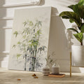 Framed canvas print of stylised bamboo stalks in tranquil shades of green and grey