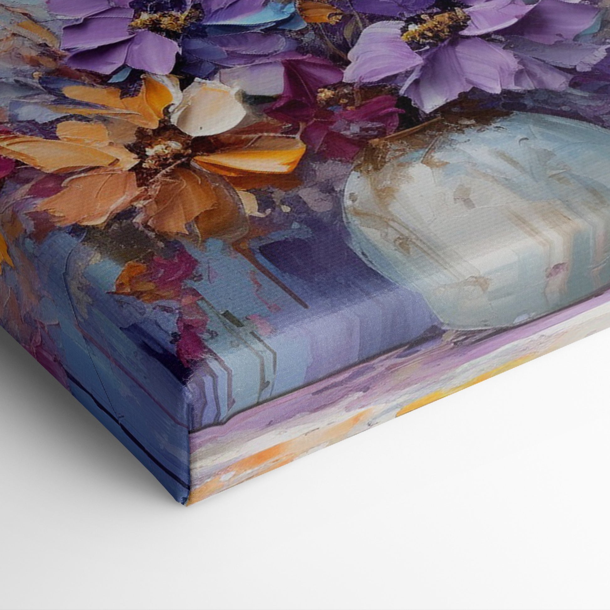 Framed canvas print of a bold textured floral painting with vibrant purple, blue, and orange flowers in an abstract vase