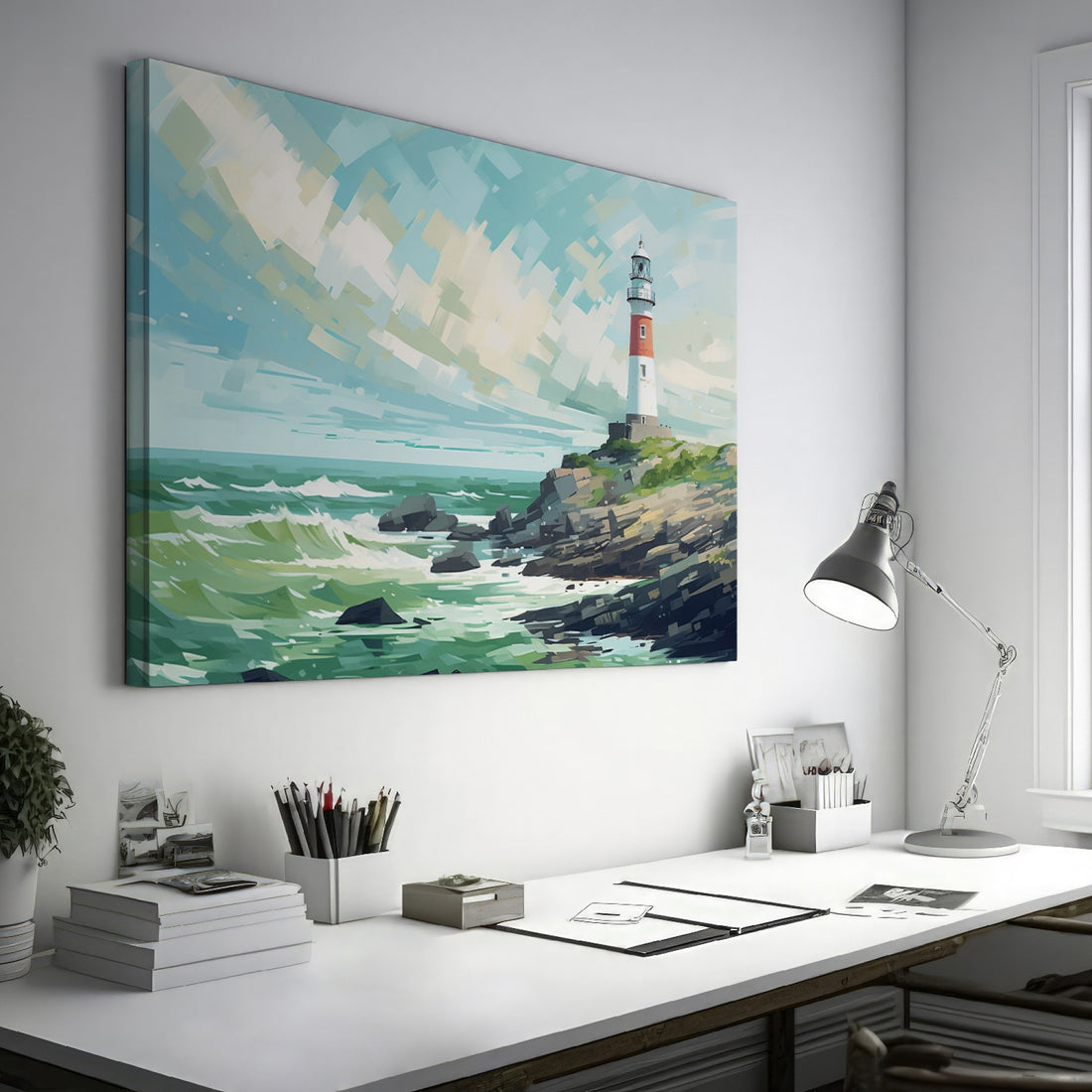 Abstract style canvas art of a lighthouse on a rocky coastline with dynamic blue sky and green ocean waves