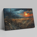 Framed canvas print of a dramatic sunset over a rustic meadow with vivid warm tones