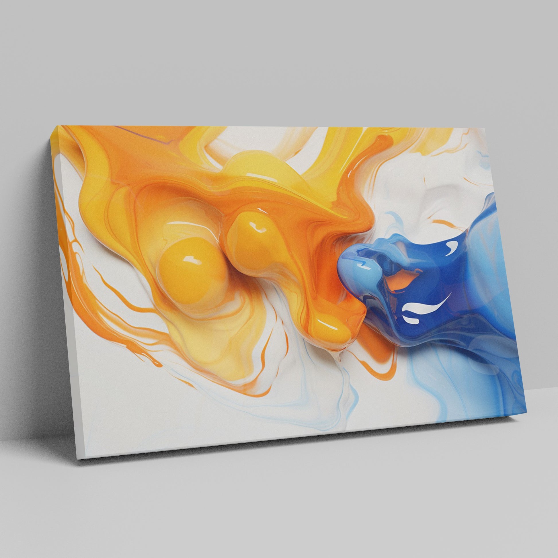 Framed canvas print of vibrant orange and blue abstract fluid art