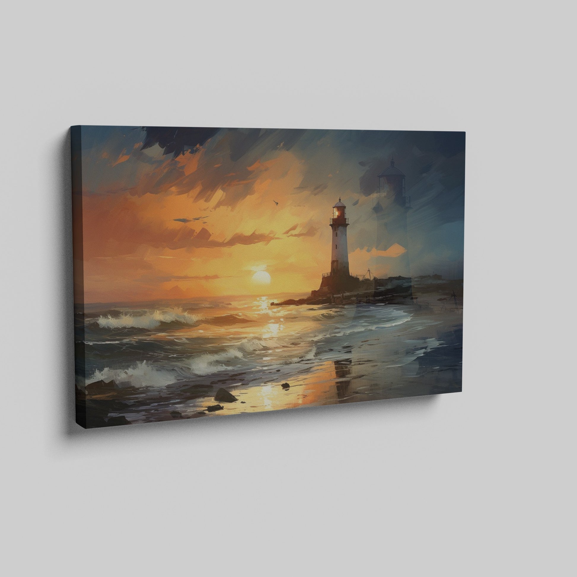 Framed canvas print of an impressionistic lighthouse seascape with vibrant sunset hues