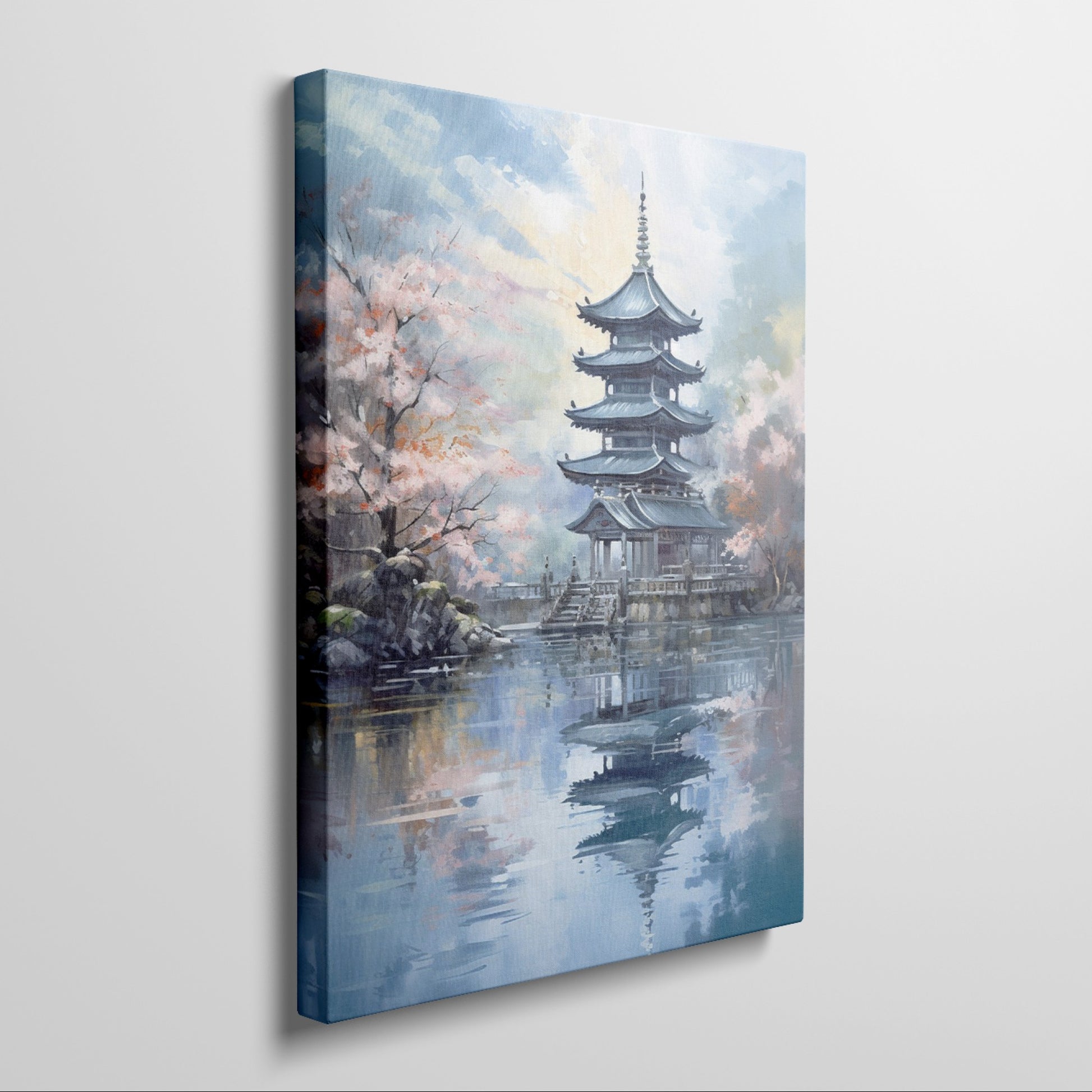 Framed canvas print of a traditional Japanese pagoda and cherry blossoms beside a reflective lake