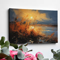 Framed canvas print of impressionist sunset with vivid brushstrokes in golden and blue