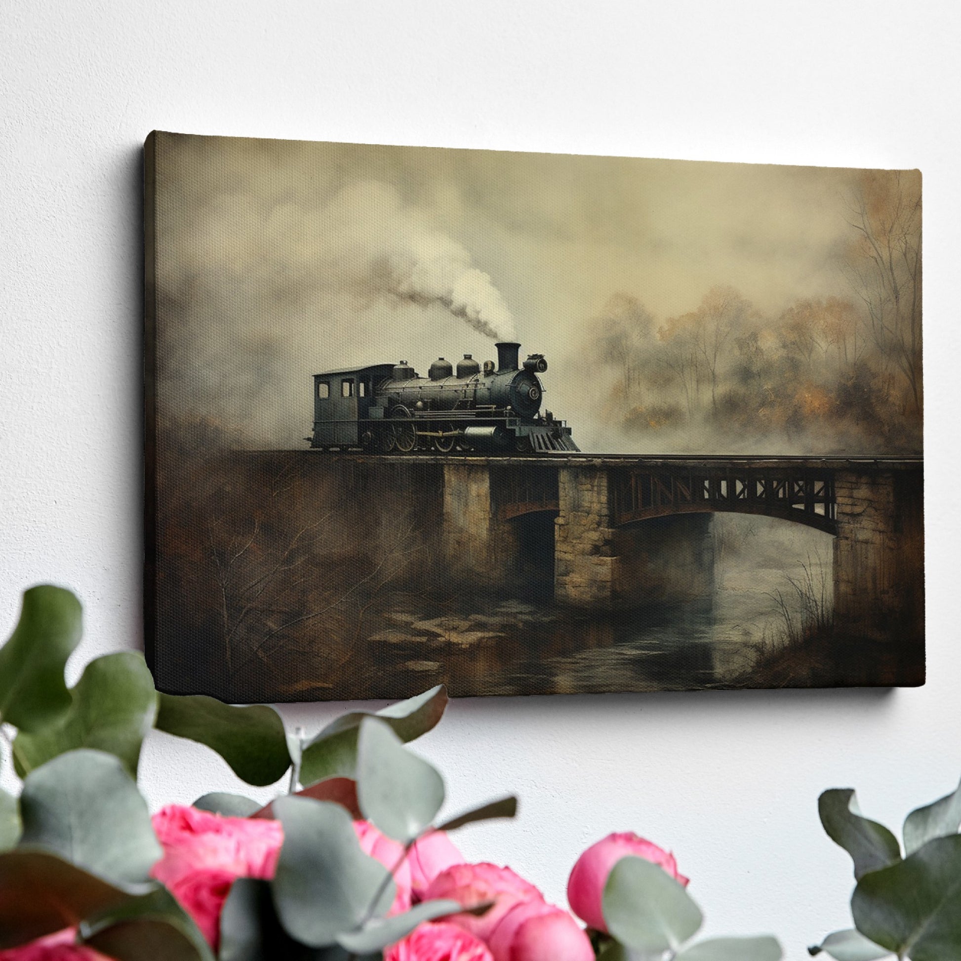 Framed canvas print of a vintage steam locomotive crossing a bridge amidst fog and autumnal trees