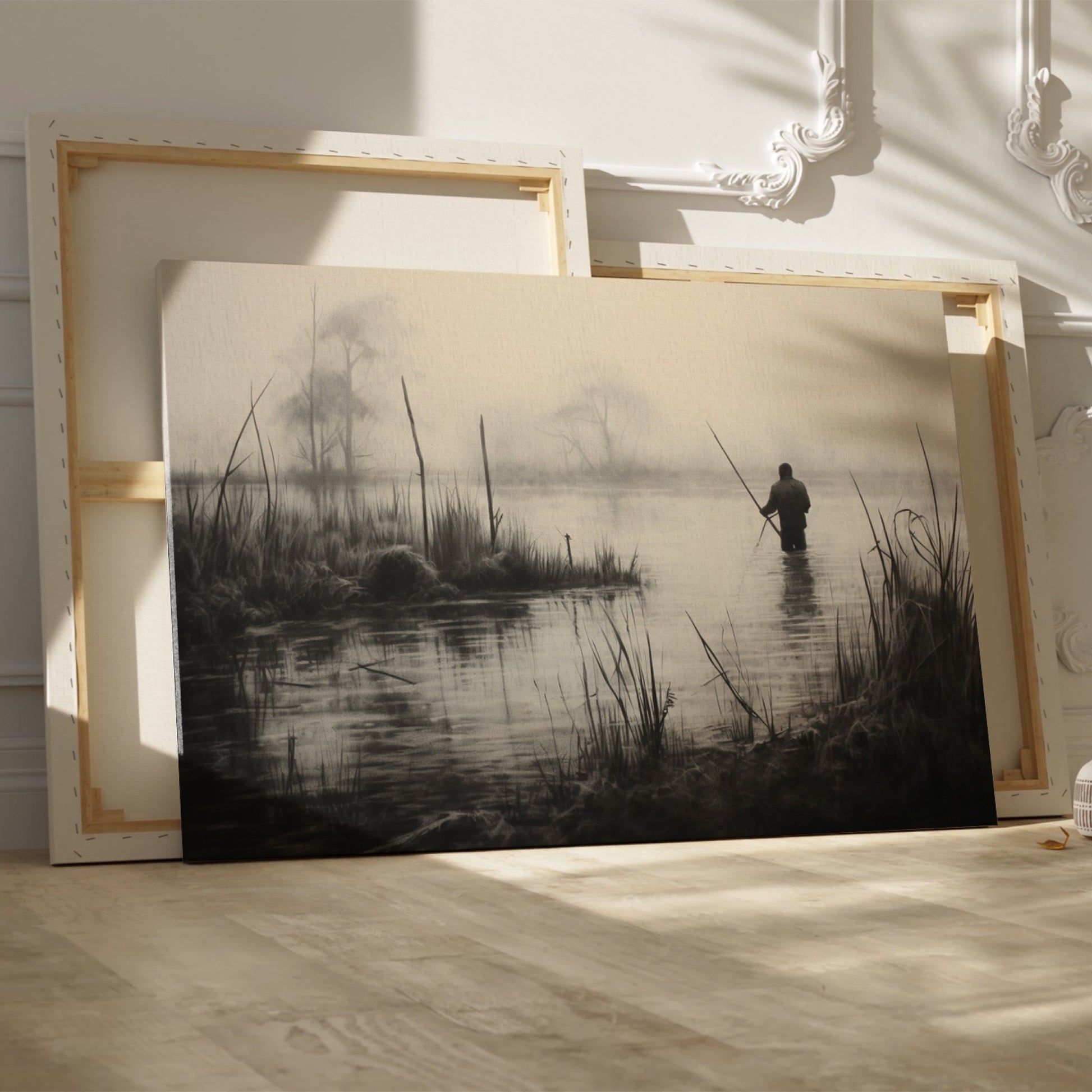 Framed canvas print of a fisherman in a foggy, monochrome lake landscape